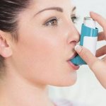 Девушка с ингалятором от астмы во рту